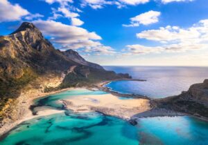 Aerial view of Balos Lagoon and turquoise waters in Crete